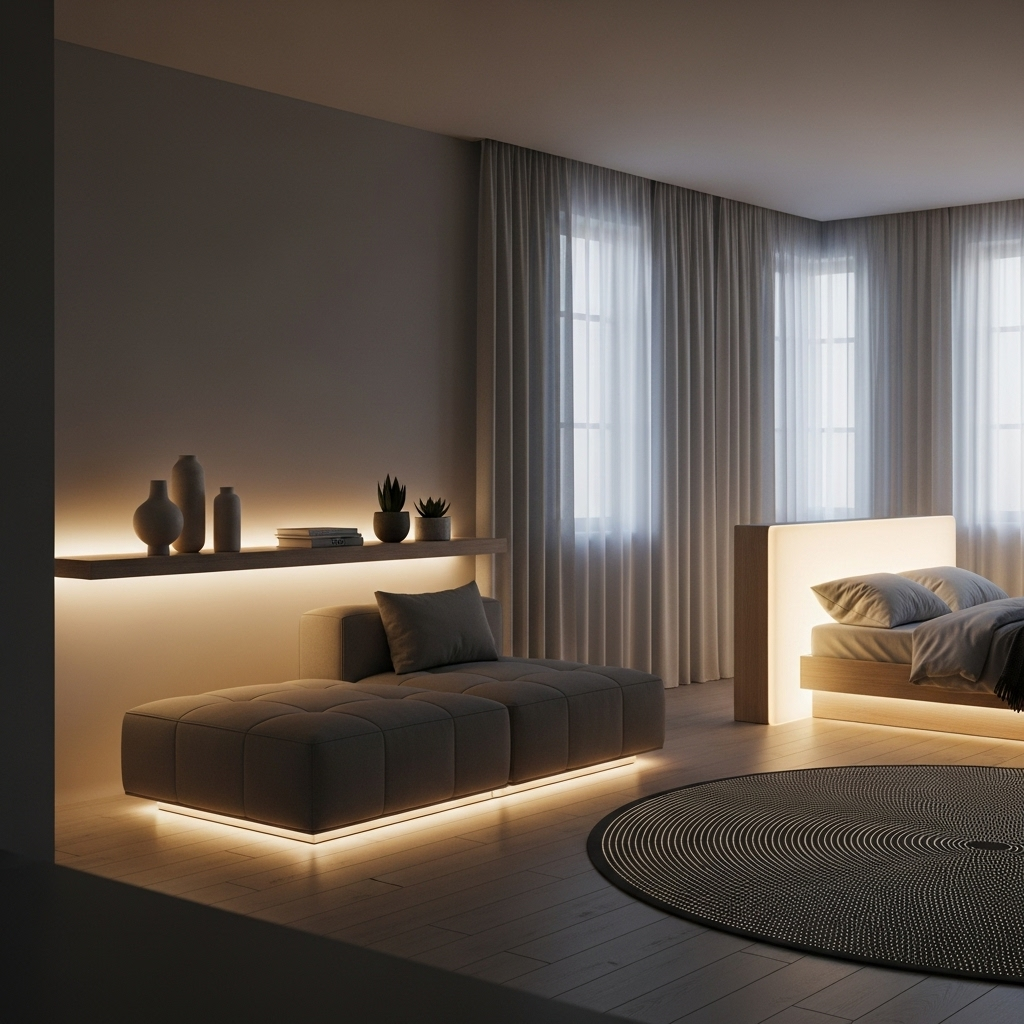 Minimalistic Amsterdam apartment with soft glowing elements